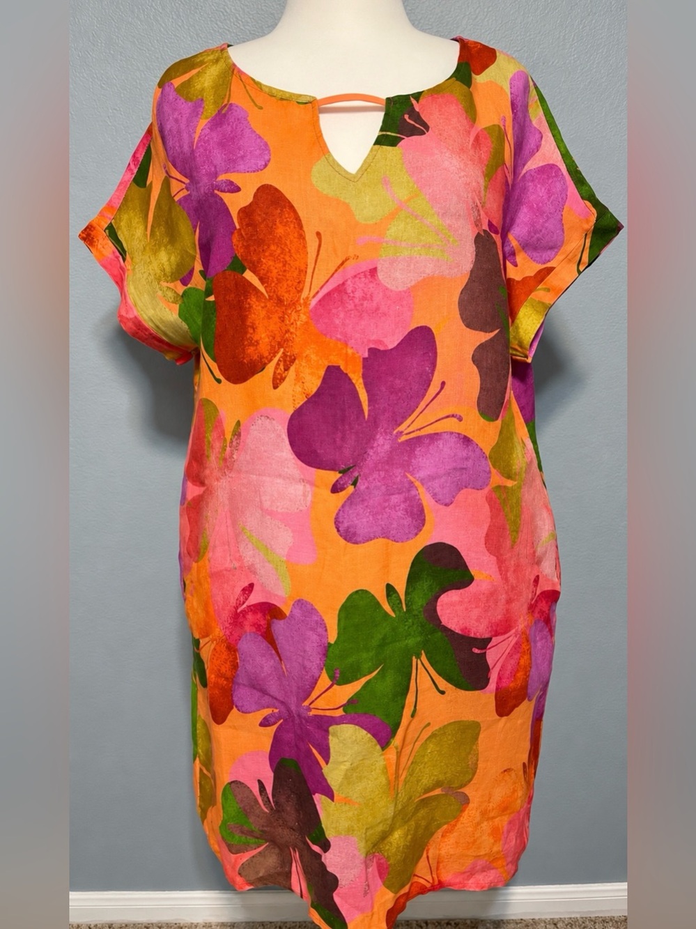 Made in Italy Linen Midi Shift Dress M/L Butterflies Pockets Artsy Mod Tropical
